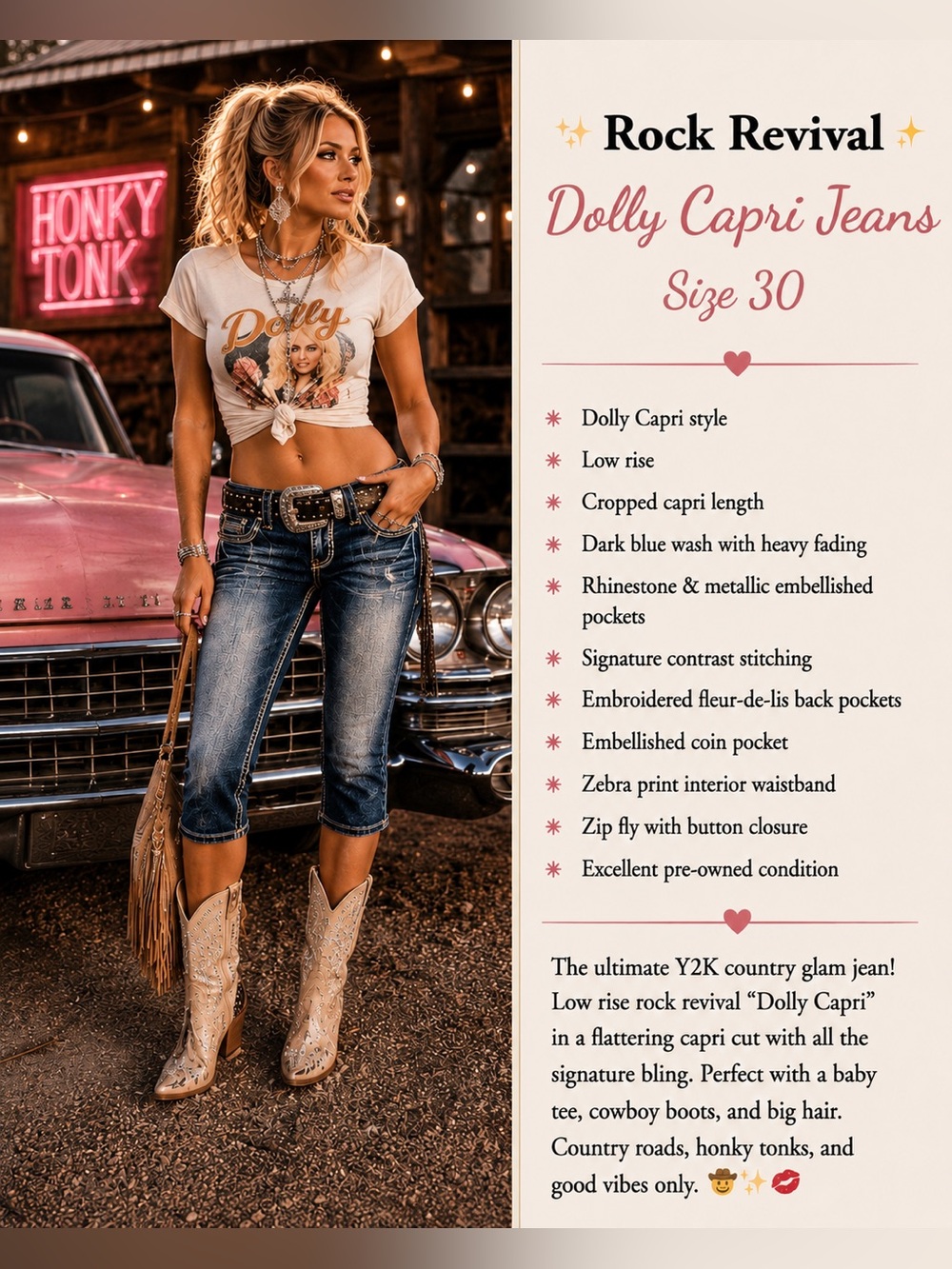 Rock Revival Dolly Capri Jeans Size 30 Embellished Y2K Western Denim McBling